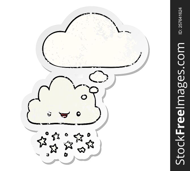 cartoon storm cloud with thought bubble as a distressed worn sticker