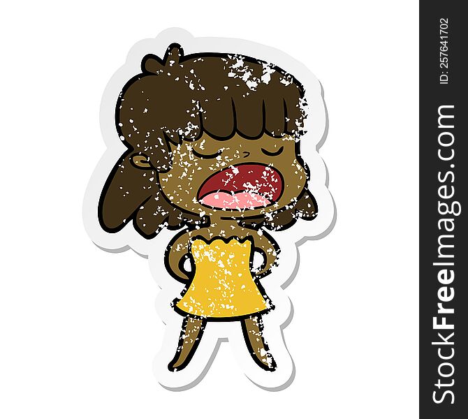 distressed sticker of a cartoon woman talking loudly