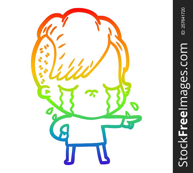 rainbow gradient line drawing of a cartoon crying girl accusing
