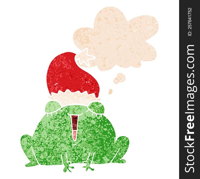 Cute Cartoon Christmas Frog And Thought Bubble In Retro Textured Style