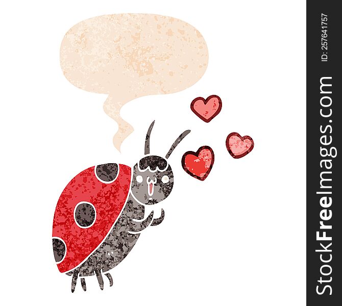 cute cartoon ladybug in love and speech bubble in retro textured style