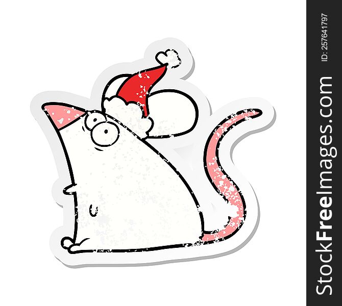 Distressed Sticker Cartoon Of A Frightened Mouse Wearing Santa Hat