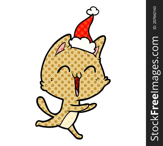 Happy Comic Book Style Illustration Of A Cat Meowing Wearing Santa Hat