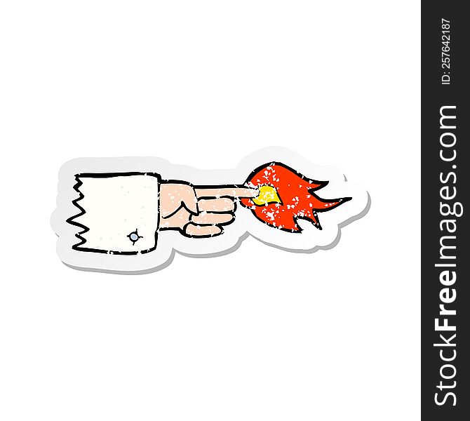 Retro Distressed Sticker Of A Cartoon Flaming Pointing Finger Symbol