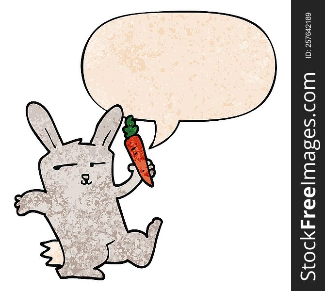 cartoon rabbit with carrot with speech bubble in retro texture style. cartoon rabbit with carrot with speech bubble in retro texture style