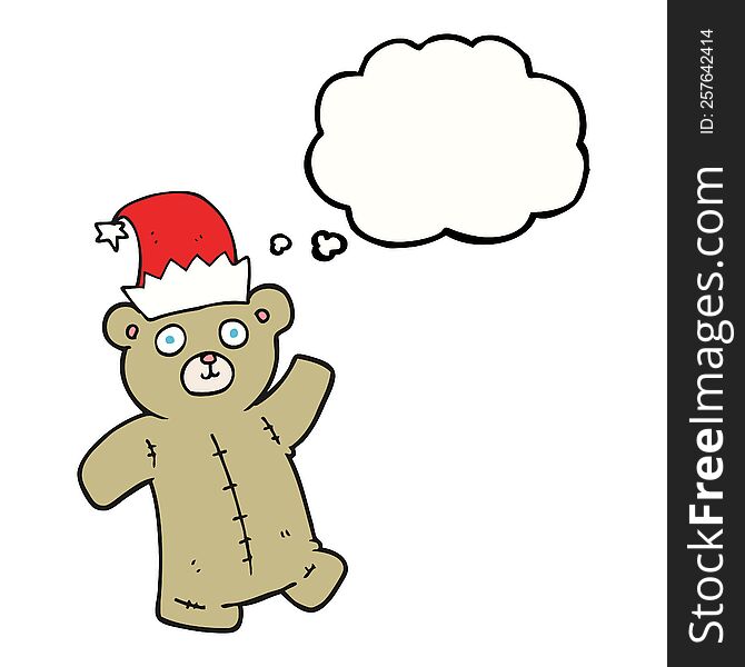 freehand drawn thought bubble cartoon teddy bear wearing christmas hat