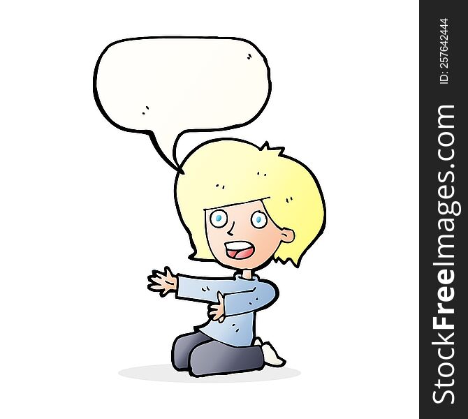 cartoon shocked woman on knees with speech bubble