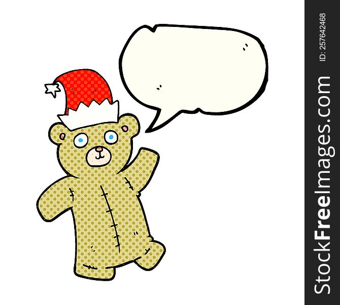 Comic Book Speech Bubble Cartoon Teddy Bear Wearing Christmas Hat