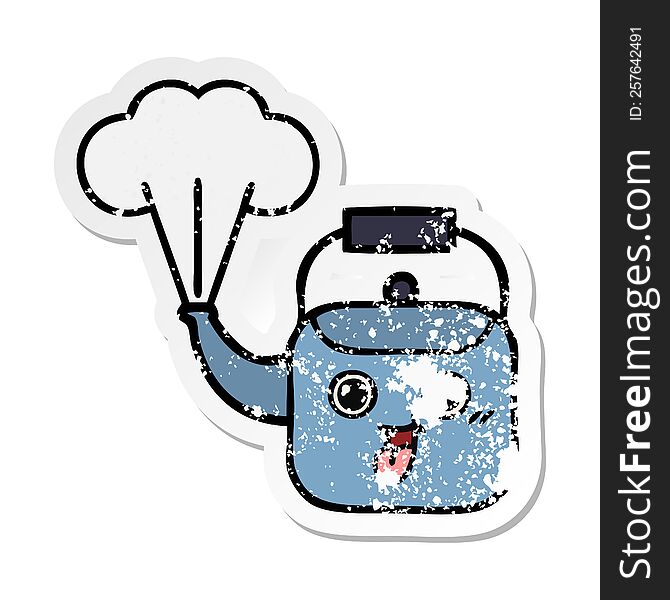 distressed sticker of a cute cartoon steaming kettle