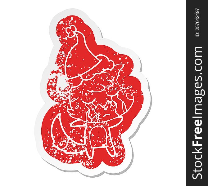 Crying Fox Cartoon Distressed Sticker Of A Wearing Santa Hat