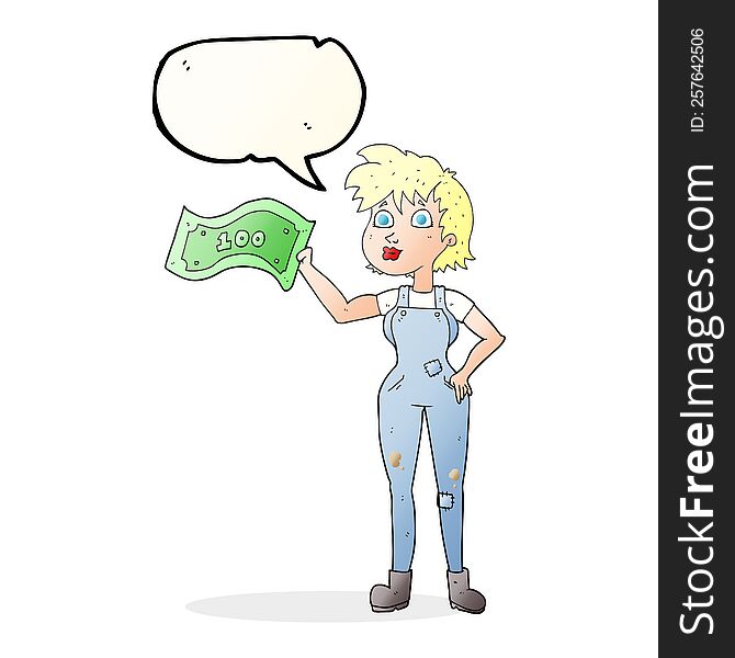 freehand drawn speech bubble cartoon confident farmer woman with money