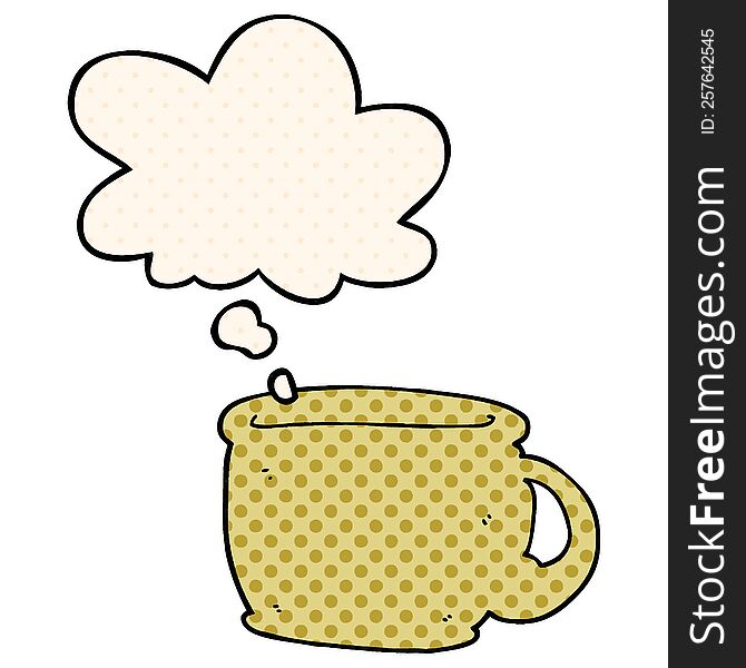 cartoon coffee cup with thought bubble in comic book style