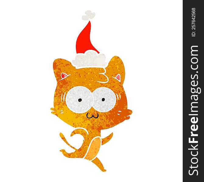 Retro Cartoon Of A Surprised Cat Running Wearing Santa Hat