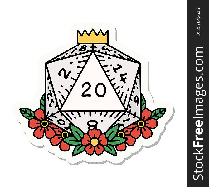 Natural 20 D20 Dice Roll With Floral Elements Sticker