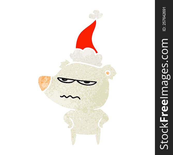 angry bear polar hand drawn retro cartoon of a wearing santa hat. angry bear polar hand drawn retro cartoon of a wearing santa hat