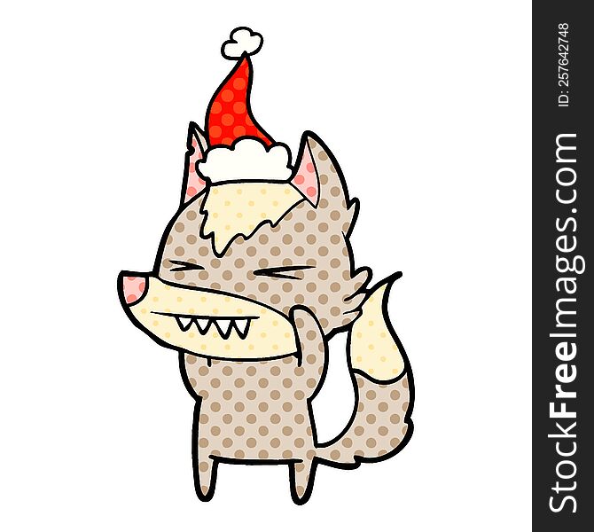 angry wolf hand drawn comic book style illustration of a wearing santa hat. angry wolf hand drawn comic book style illustration of a wearing santa hat
