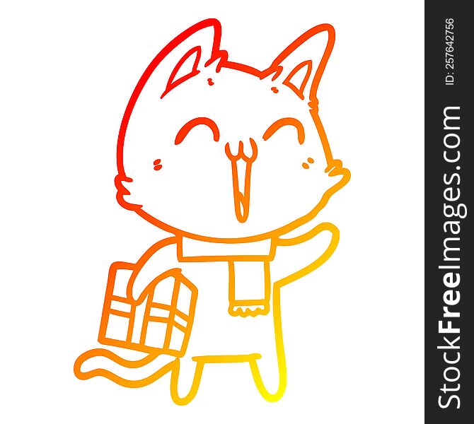 warm gradient line drawing of a happy cartoon cat with christmas gift