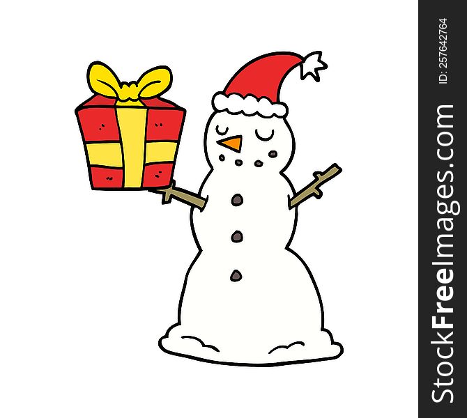cartoon snowman with present