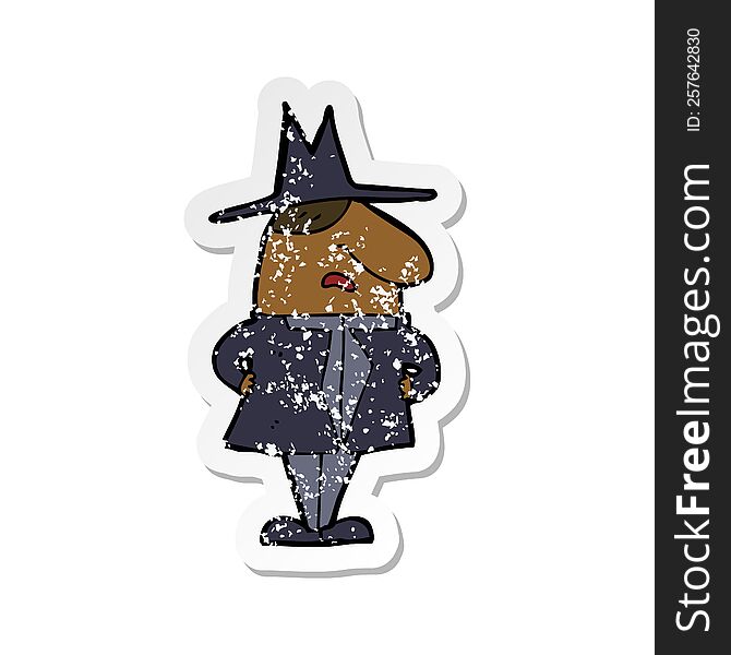 retro distressed sticker of a cartoon man in coat and hat