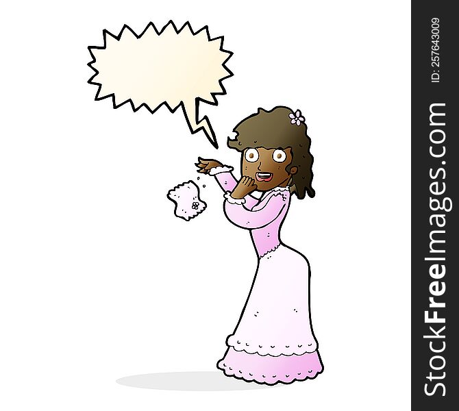 cartoon victorian woman dropping handkerchief with speech bubble