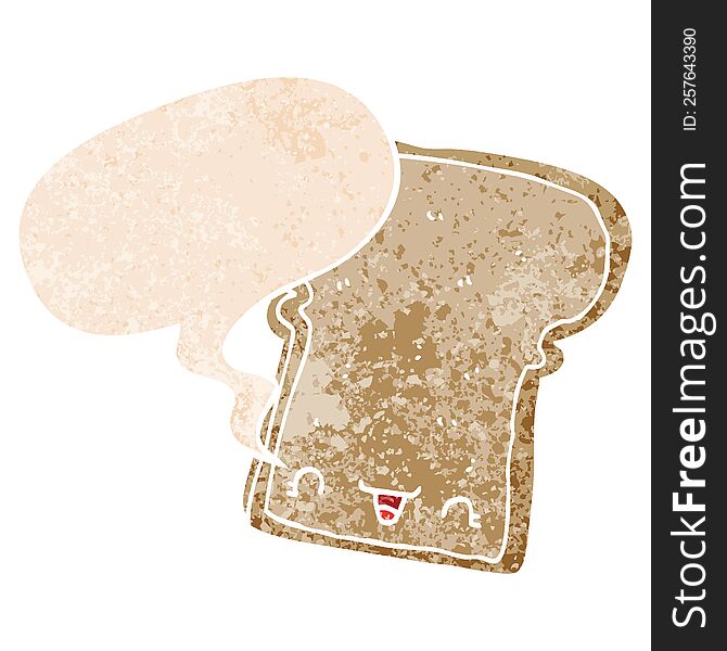 cute cartoon slice of bread and speech bubble in retro textured style