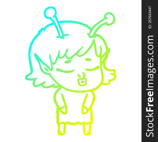 Cold Gradient Line Drawing Cute Alien Girl Cartoon