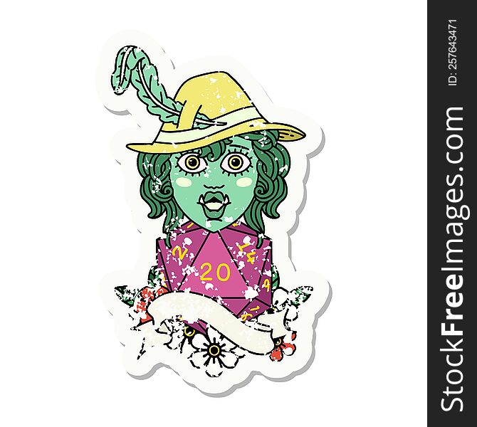 Singing Half Orc Bard Character With Natural Twenty Dice Roll Grunge Sticker