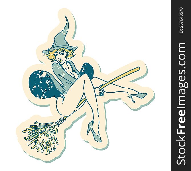 Distressed Sticker Tattoo Style Icon Of A Pinup Witch