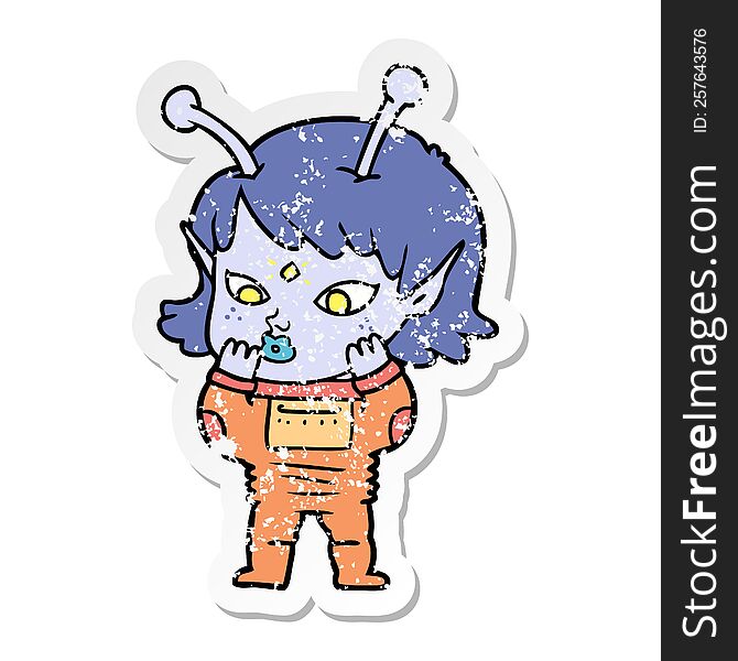 Distressed Sticker Of A Pretty Cartoon Nervous Alien Girl
