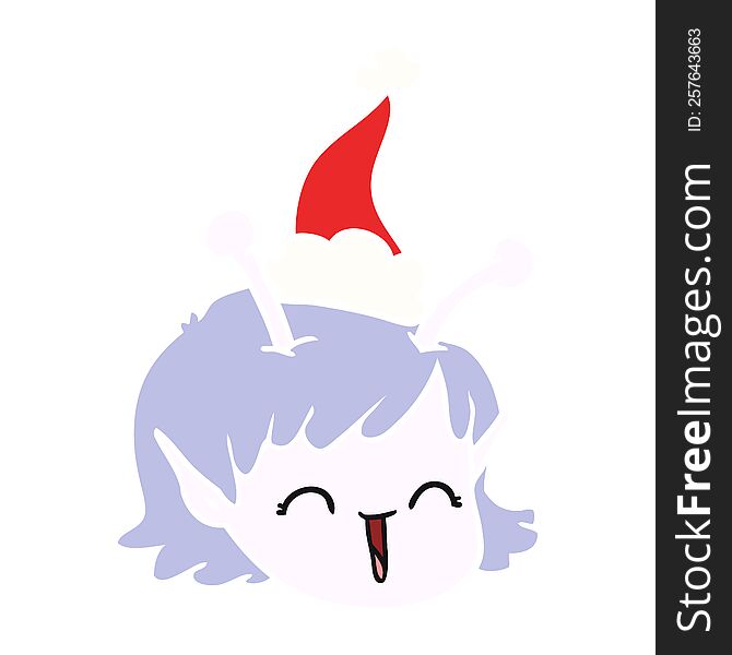 hand drawn flat color illustration of a alien space girl face wearing santa hat