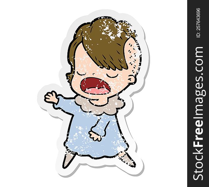 Distressed Sticker Of A Cartoon Cool Hipster Girl Talking