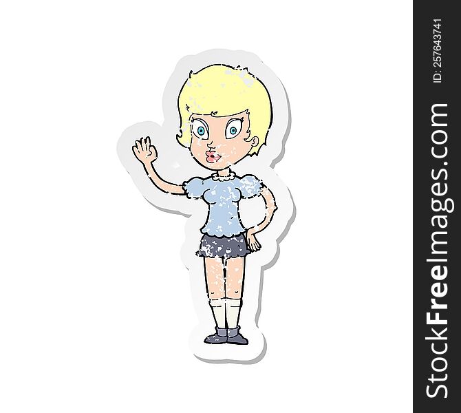 retro distressed sticker of a cartoon pretty girl waving