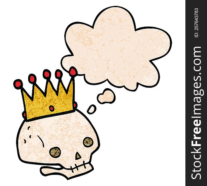 Cartoon Skull With Crown And Thought Bubble In Grunge Texture Pattern Style