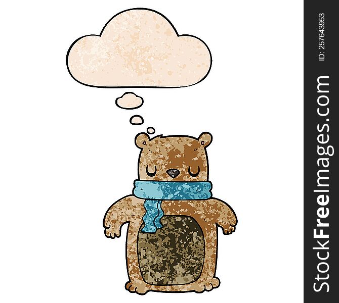 Cartoon Bear With Scarf And Thought Bubble In Grunge Texture Pattern Style
