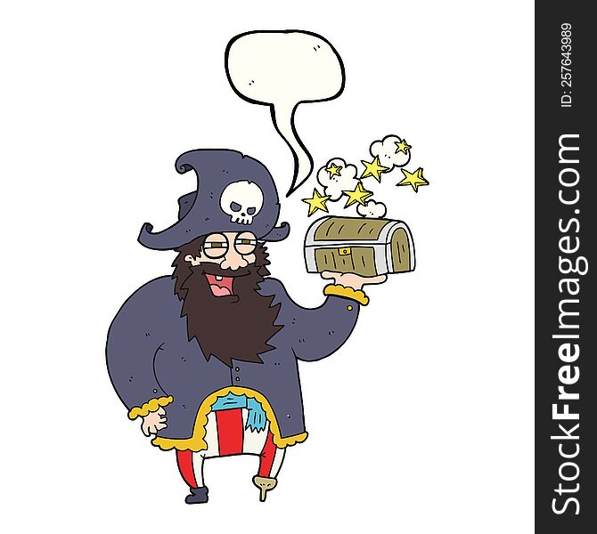 freehand drawn speech bubble cartoon pirate captain with treasure chest