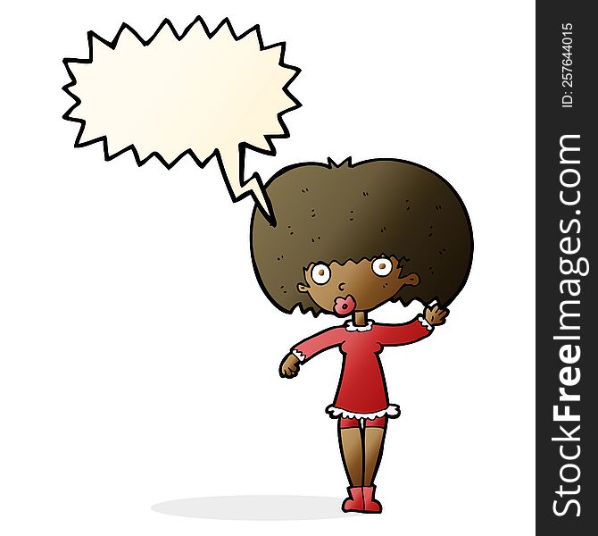 cartoon waving girl with speech bubble