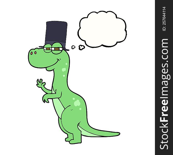 freehand drawn thought bubble cartoon dinosaur wearing top hat