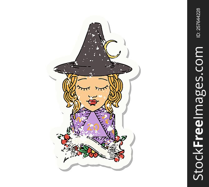 human mage with natural 20 D20 dice roll grunge sticker