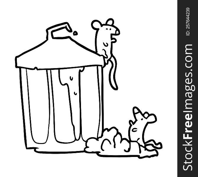 line drawing of a old metal garbage can with mice. line drawing of a old metal garbage can with mice