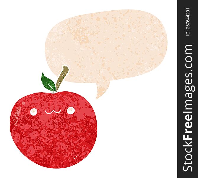 Cartoon Cute Apple And Speech Bubble In Retro Textured Style