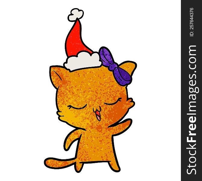 Textured Cartoon Of A Cat With Bow On Head Wearing Santa Hat