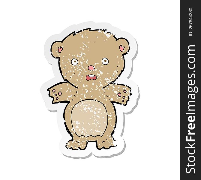 Retro Distressed Sticker Of A Frightened Teddy Bear Cartoon