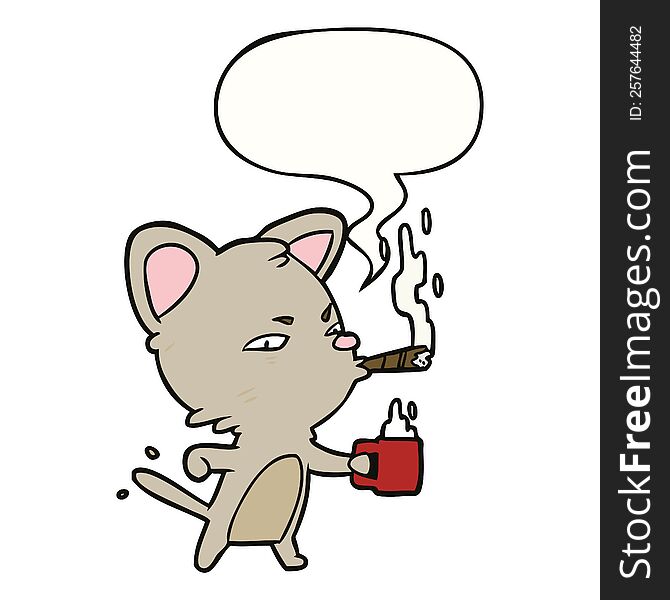 cartoon serious business cat and coffee and cigar and speech bubble