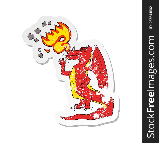 retro distressed sticker of a cartoon happy dragon breathing fire