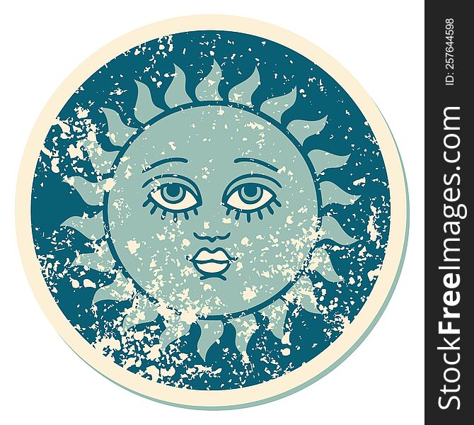 iconic distressed sticker tattoo style image of a sun with face. iconic distressed sticker tattoo style image of a sun with face