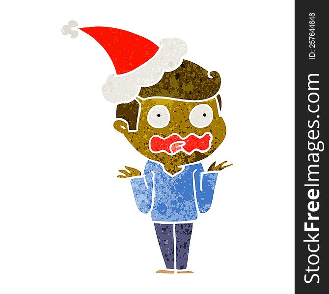 hand drawn retro cartoon of a man totally stressed out wearing santa hat