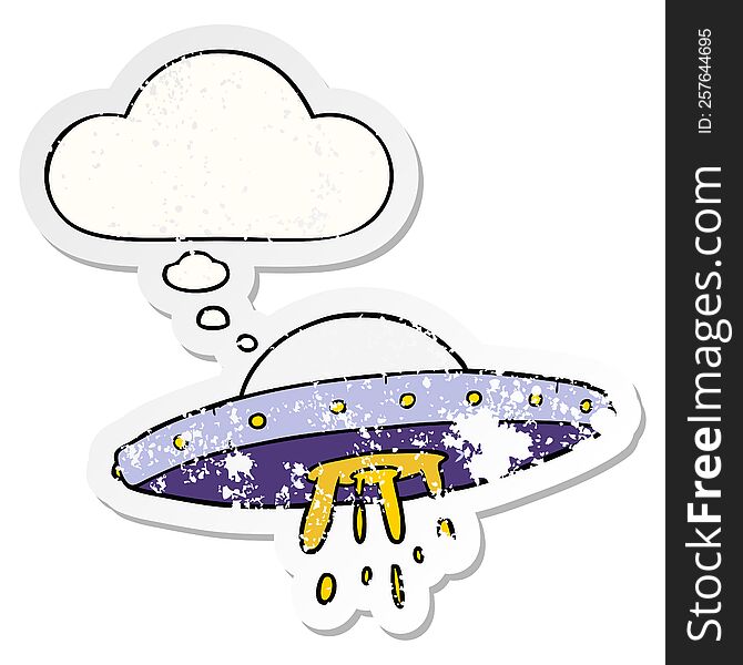 cartoon flying UFO with thought bubble as a distressed worn sticker
