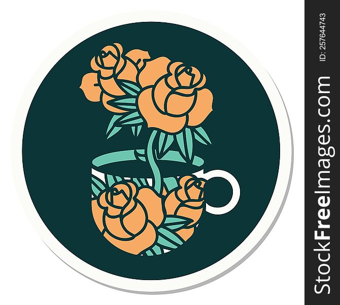 sticker of tattoo in traditional style of a cup and flowers. sticker of tattoo in traditional style of a cup and flowers