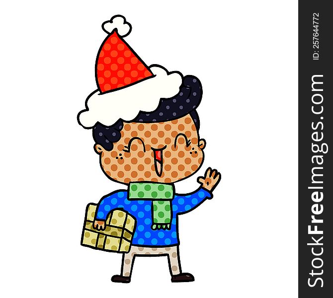 hand drawn comic book style illustration of a laughing boy wearing santa hat