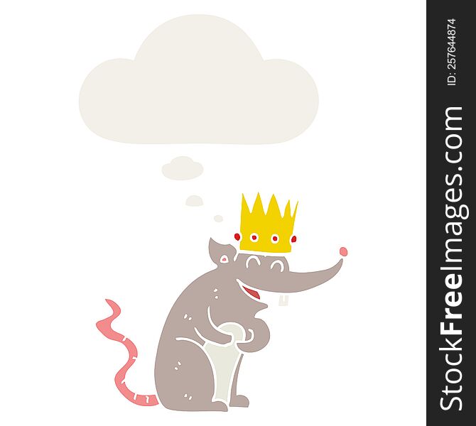 cartoon rat king laughing with thought bubble in retro style